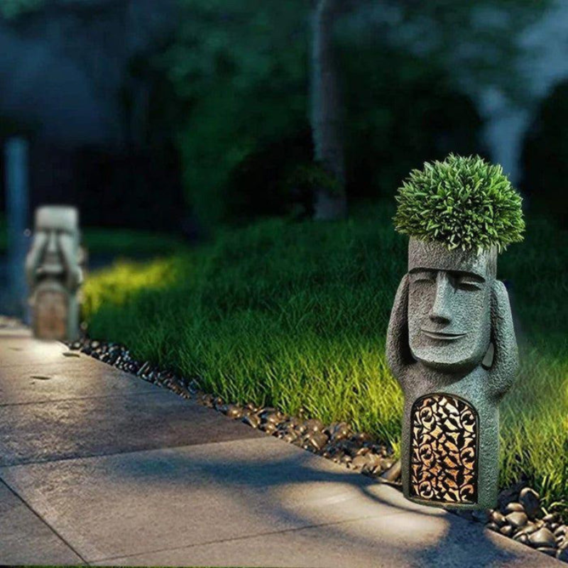 Face Vase with Solar-Powered Lighting – Abstract Sculpture Planter Outdoor Indoor Resin 25cm | Sansoti