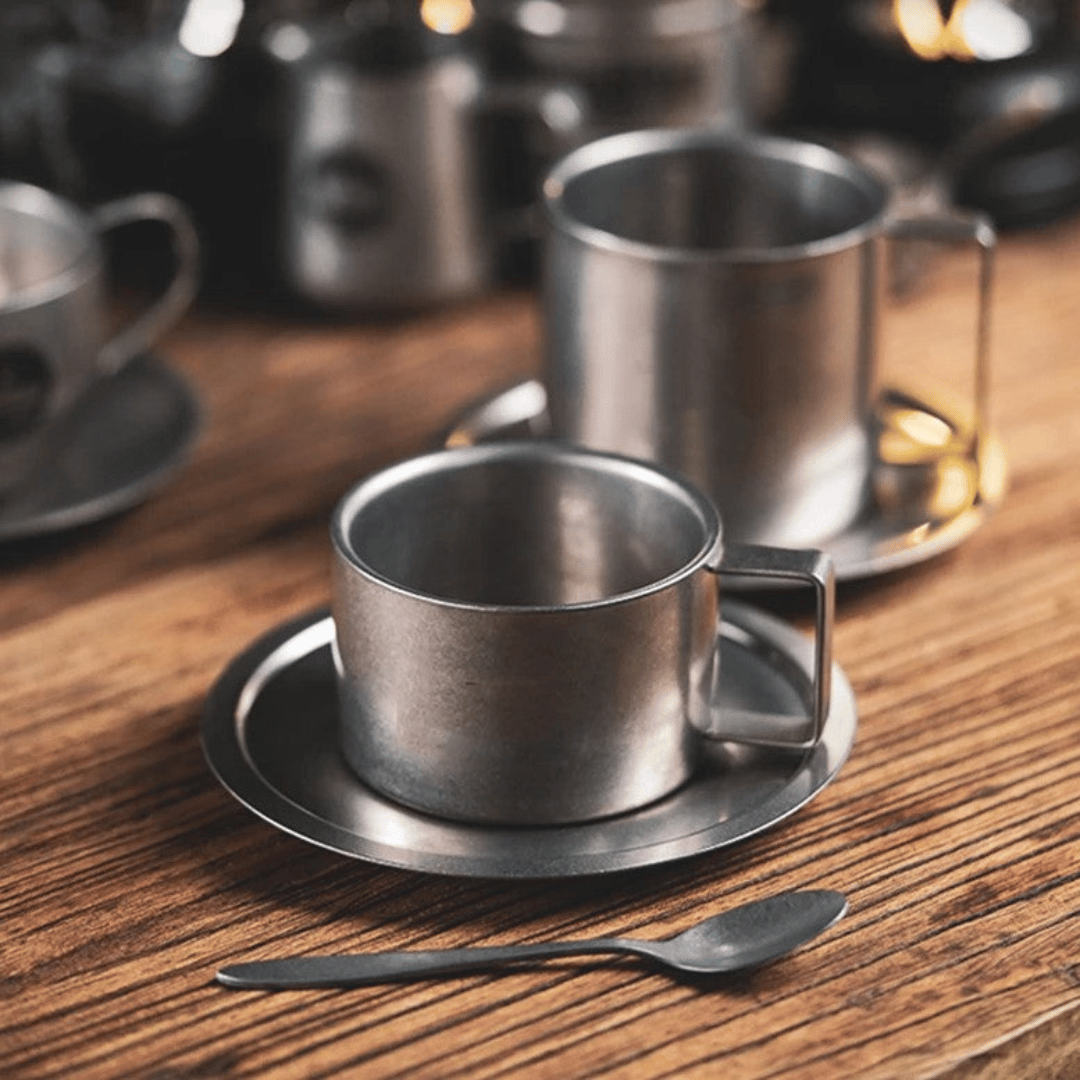 Double-Walled Stainless Steel Coffee Cup with Saucer and Spoon, Vintage-Style Set, 180-280ml Cappuccino Espresso | Sansoti