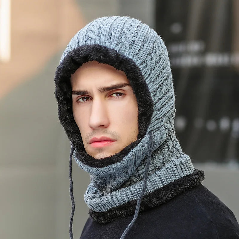 Gestrickte Balaclava-Mütze mit Schal Fleece-gefütterter Winterschal Nackenwärmer Ohrenschützer Unisex-Winterset | Sansoti