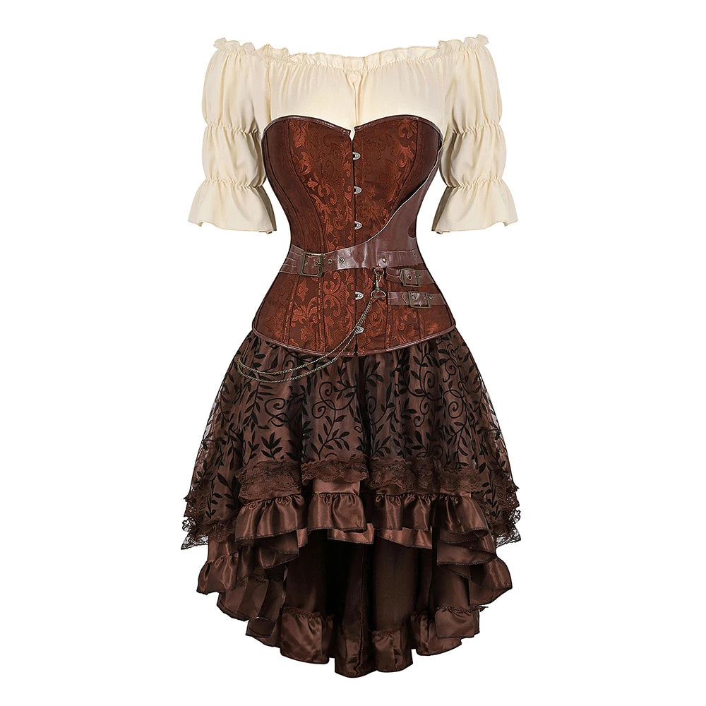 Piraten Korset Kostuum Set Kunstleer Off-Shoulder Blouse Gelaagde Rok Steampunk Gothic Halloween Verkleedkleding | Sansoti