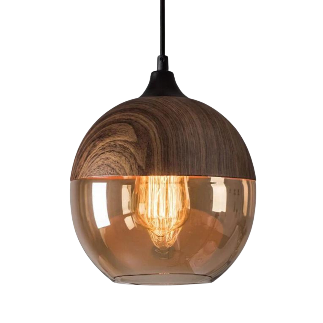 Suspension Verre Métal Aspect bois E27 Réglable Salon Salle à manger Chambre Lampe design scandinave Éclairage intérieur | Sansoti