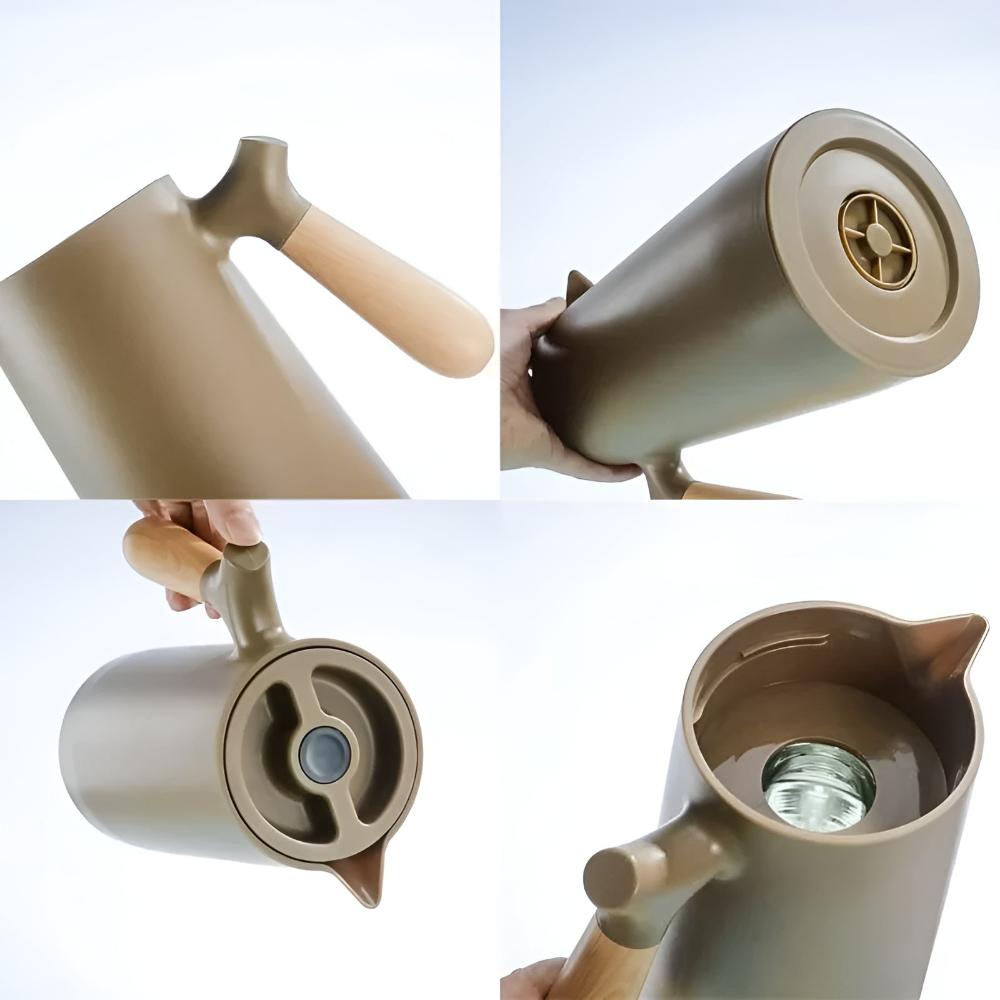 Isolierte Karaffe 1 Liter Holzgriff Doppelwandig Kaffeekaraffe Thermos Skandinavisches Design Grün Weiß Schwarz Rot Braun | Sansoti