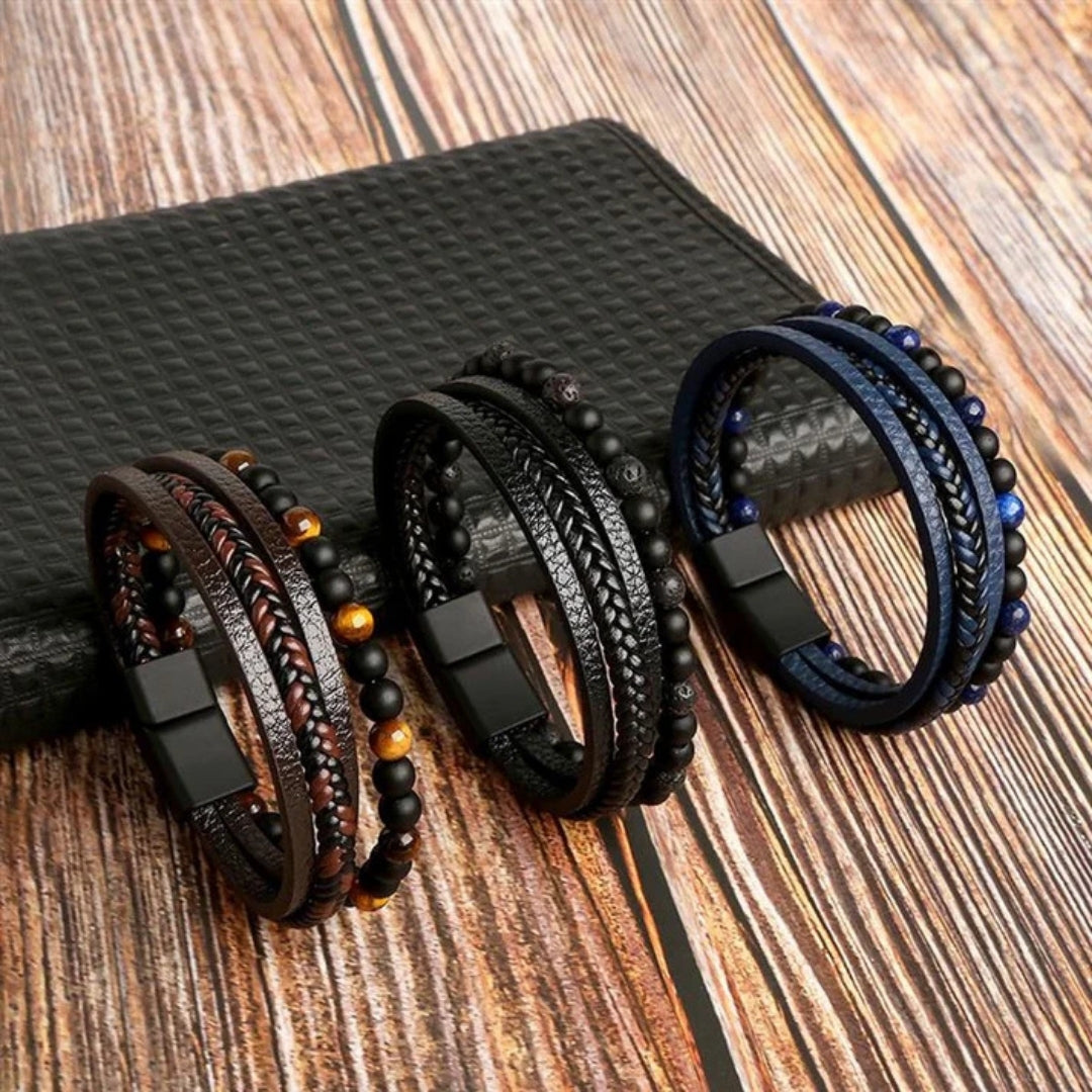Braided Men's Bracelet with Magnetic Clasp Multi-Strand Beaded Details Black Brown Blue Casual Formal | Sansoti