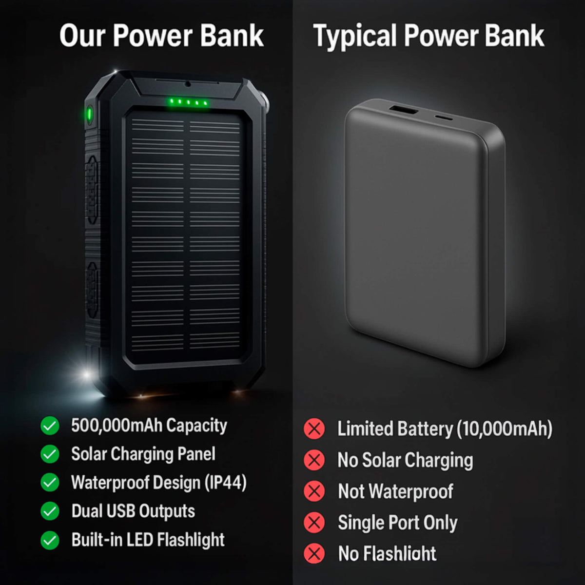 Zonnepaneel Powerbank Met 500.000mAh Capaciteit, Dubbele USB Poorten En Waterdichte Behuizing Voor Outdoor En Noodstroom | Sansoti