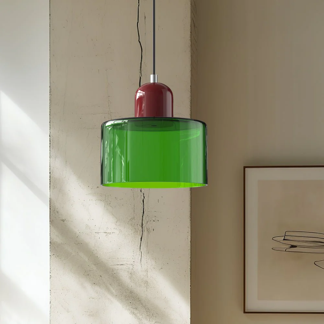 Suspension vintage en verre coloré et métal réglable, éclairage d’ambiance pour coin repas, plafonnier au design rétro | Sansoti