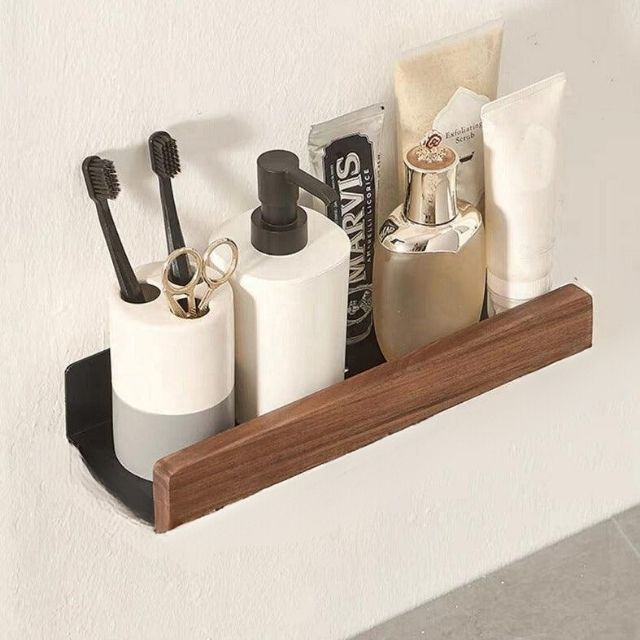 Wooden Wall Shelf Bathroom Drill-Free Self-Adhesive Wooden Wall Shelf Kitchen Bathroom Storage Shelf Wall Rack Organizer | Sansoti