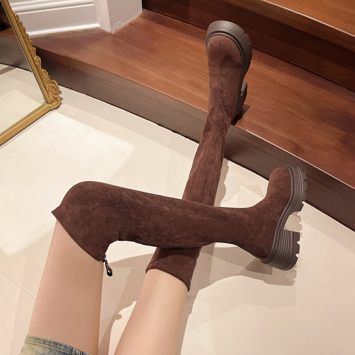 Over-de-knie laarzen dames hoge hak winter ronde neus leer suède klassiek elegant warm comfortabel lange schacht | Sansoti