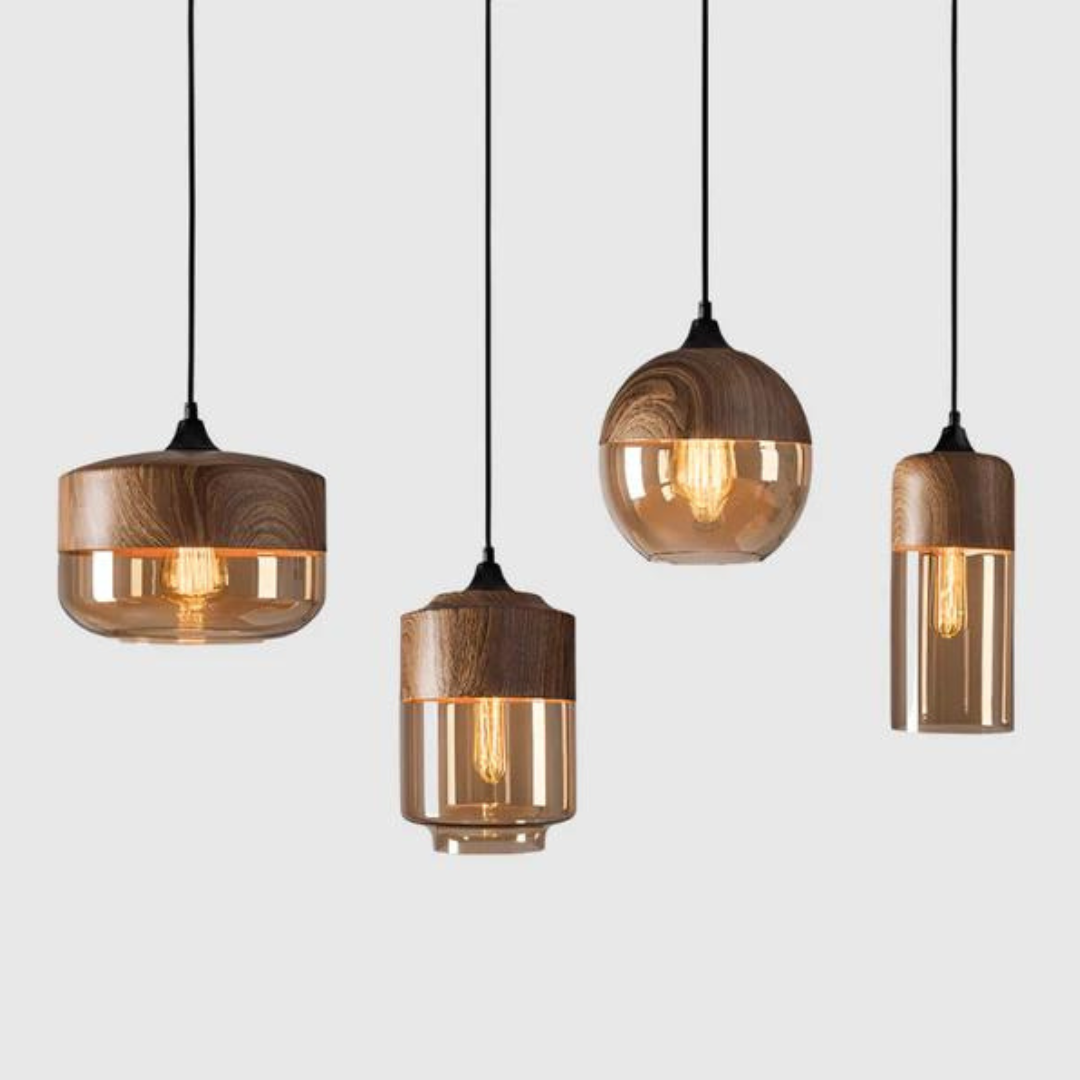 Lámpara colgante escandinava de cristal con aspecto de madera: iluminación cálida de diseño para salón y comedor | Sansoti