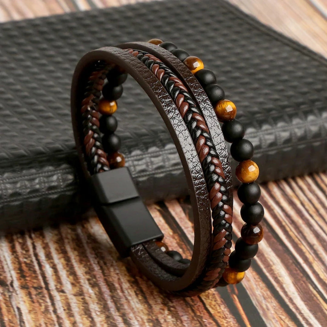 Gevlochten Heren Armband met Magnetische Sluiting Meerrijig Kralendetails Zwart Bruin Blauw Casual Formeel | Sansoti