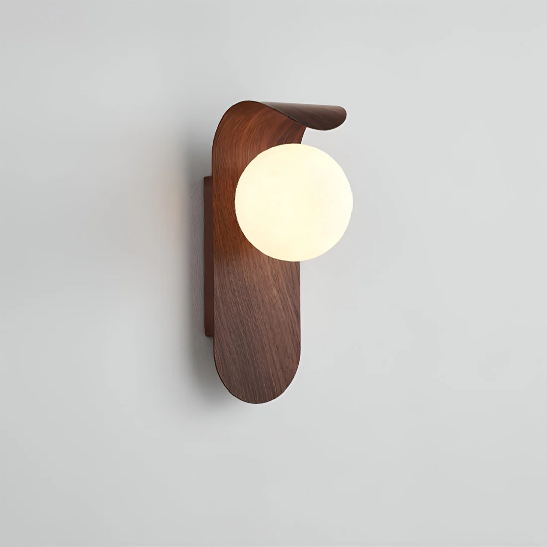 Scandinavian wooden wall lamp with glass globe | LED wall lighting for bedroom & living room