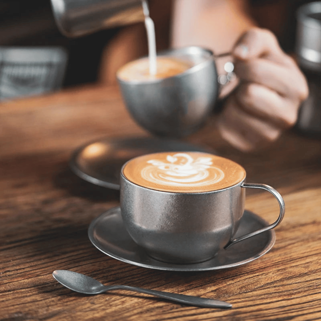 Double-Walled Stainless Steel Coffee Cup with Saucer and Spoon, Vintage-Style Set, 180-280ml Cappuccino Espresso | Sansoti