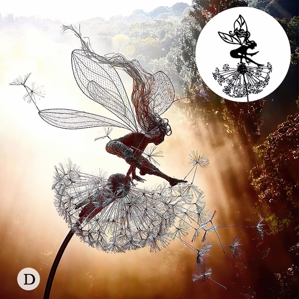 Gartenornament Fee als Silhouette mit Löwenzahn aus Metall, wetterfest, Dekoration für Blumenbeete, Beeteinfassungen und Rasenflächen | Sansoti