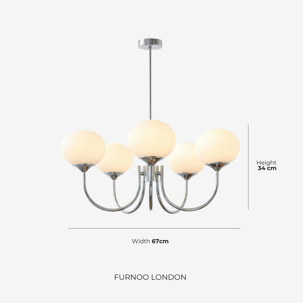Mid-Century Glass Chandelier with Globe Shades and Polished Metal Finish – Available in Copper and Chrome with Colored Glass – 3 or 5 Arms with Adjustable Rod System | Sansoti
