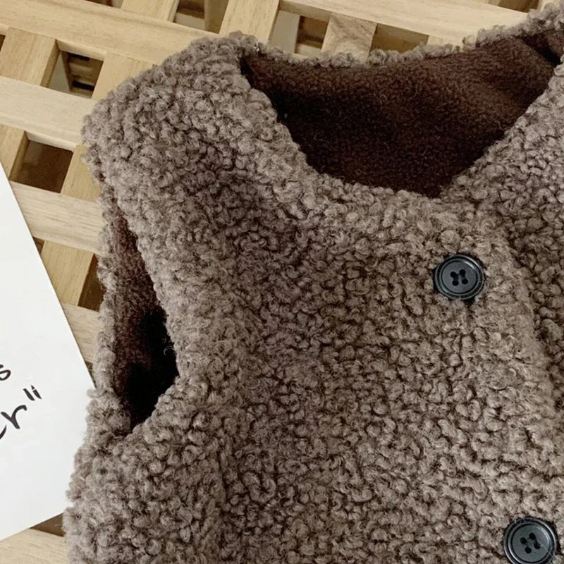 Plüsch-Kinderweste Teddy-Kunstpelz V-Ausschnitt 1-6 Jahre Jungen Mädchen Herbst Winter Oberbekleidung | Sansoti
