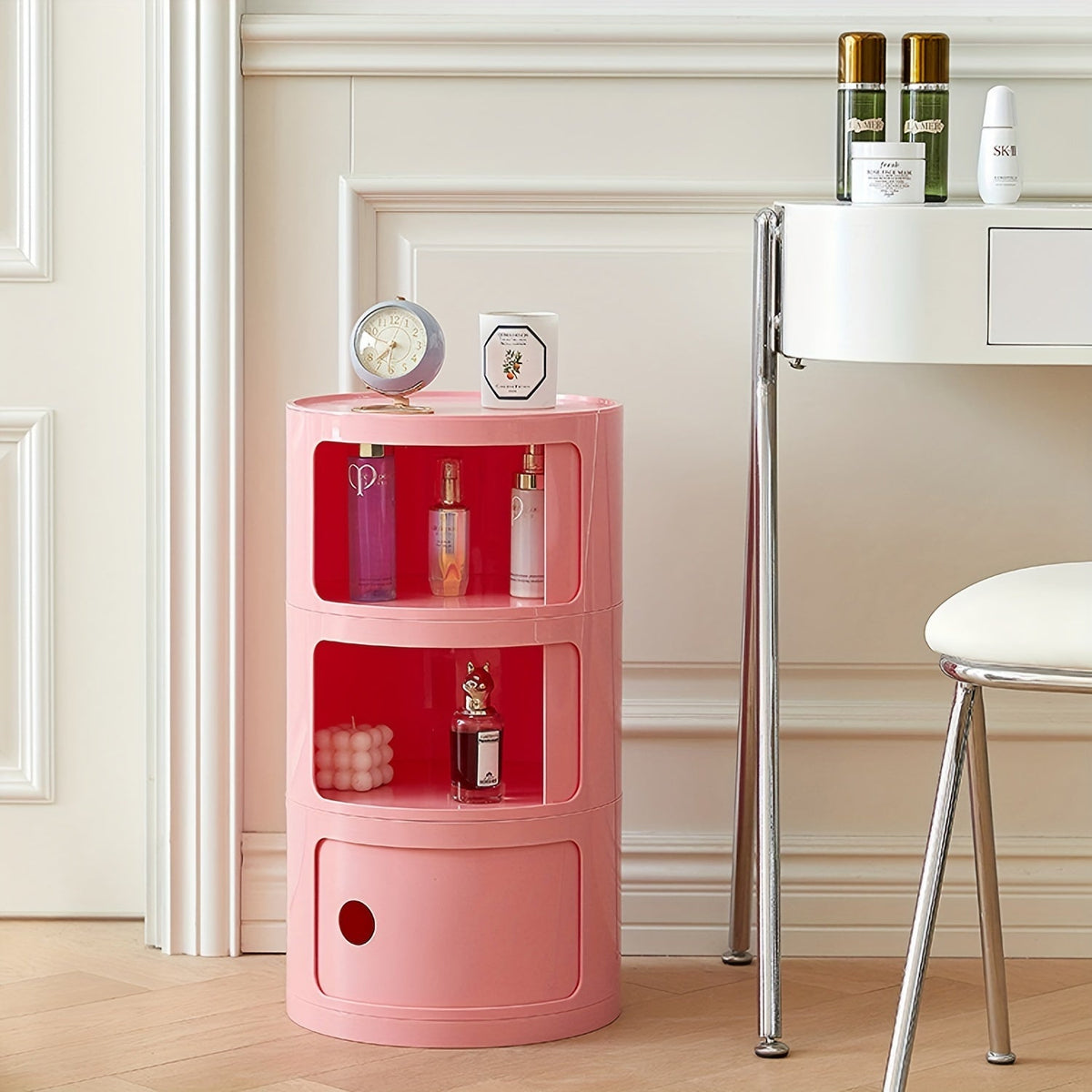 Round Multi-Tier Storage Cabinet White Bedside Table Plastic Stackable Modular Small Cabinet Bedroom Side Table | Sansoti