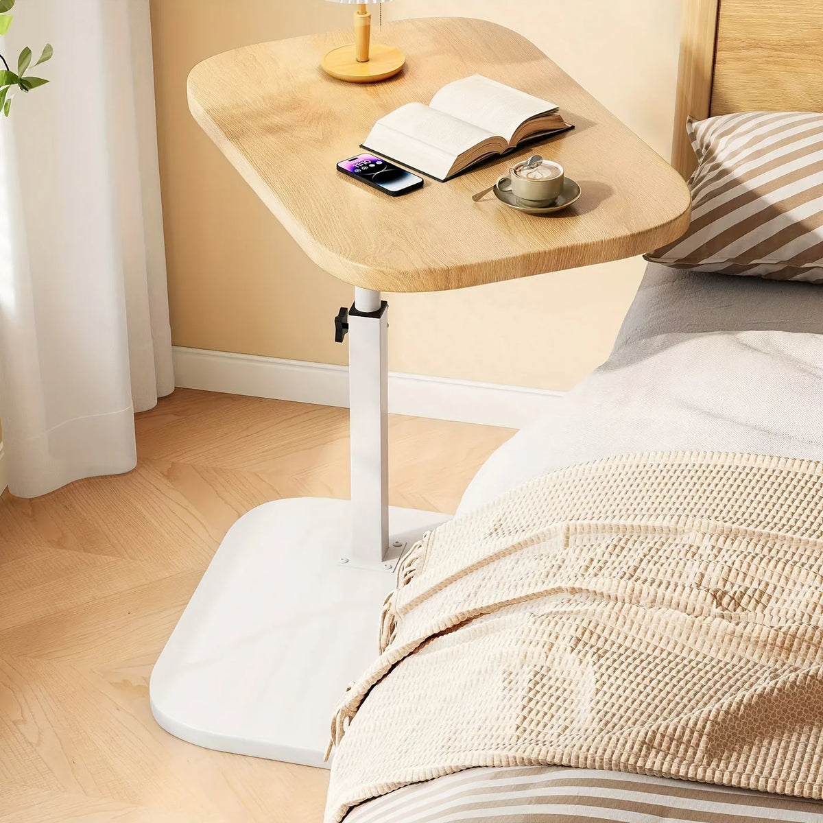 Verstelbare Zijkanttafel met Houten Blad – Multifunctionele Bijzettafel voor Bank en Bed | NL