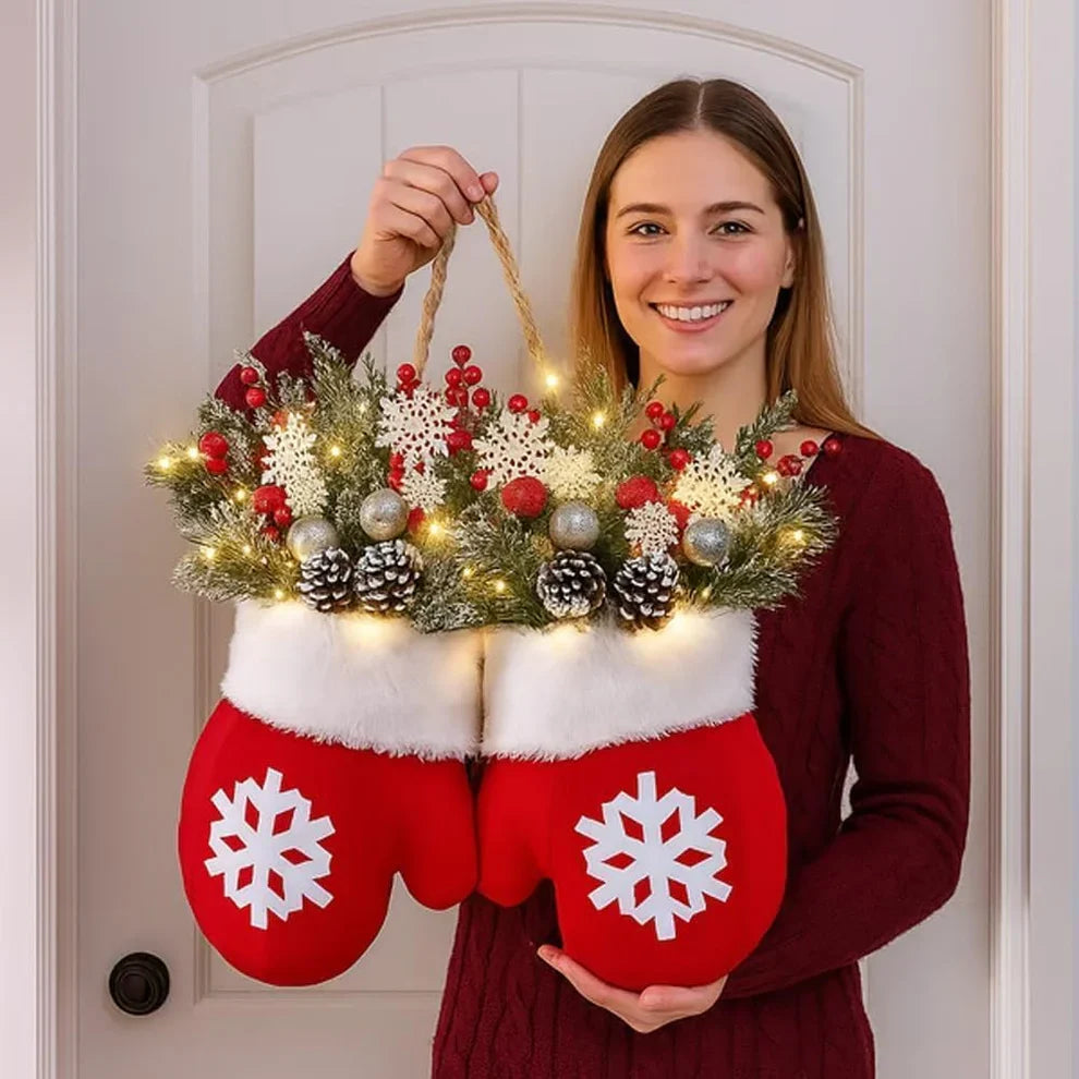 Illuminated Winter Mittens Door Decoration 30x30cm Red Plush Christmas Hanger Fir Branches LED Warm White Light Christmas | Sansoti