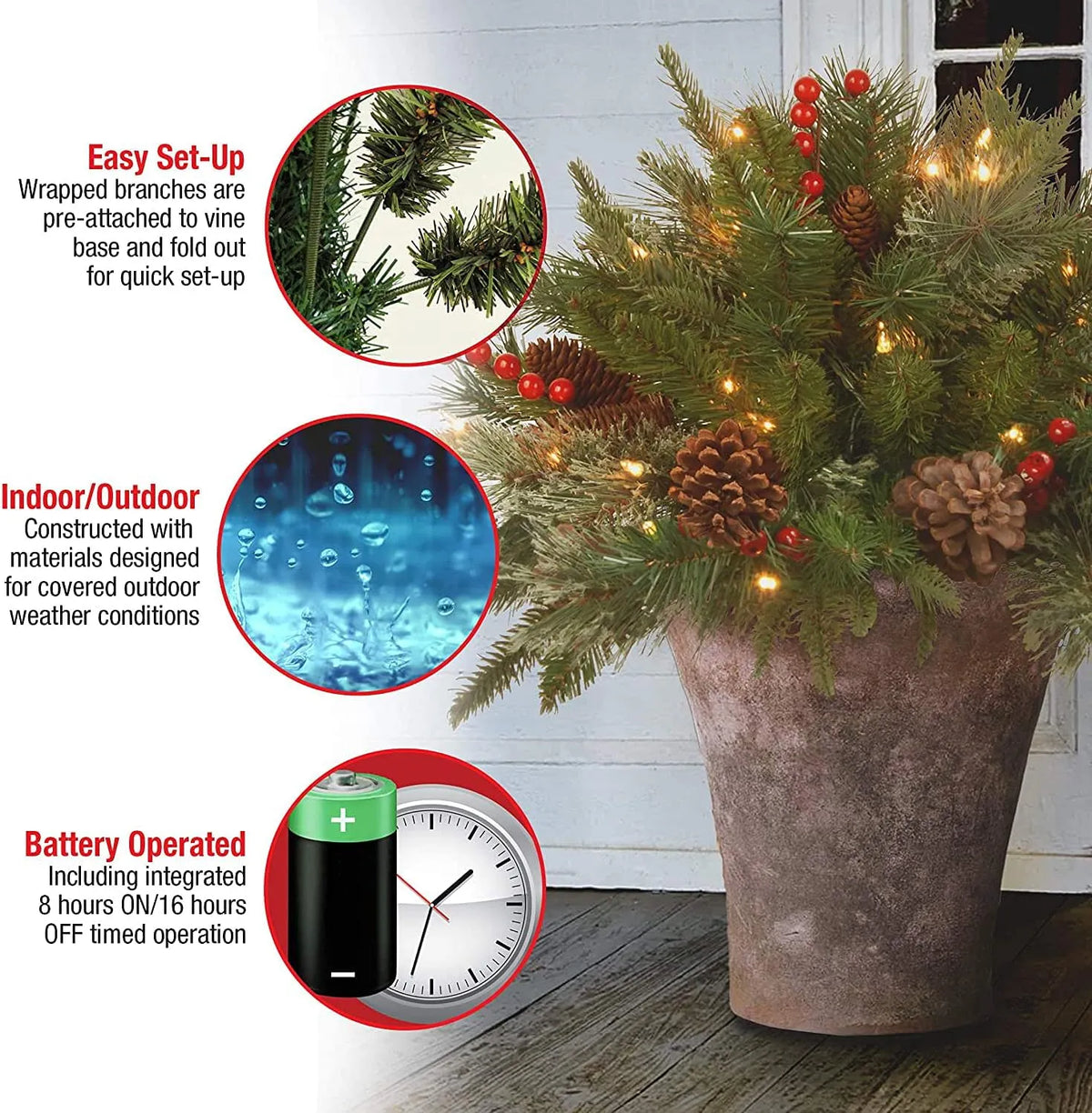 Branche de Noël lumineuse avec pommes de pin et baies pour urne, vase, entrée, décoration, sapin de Noël artificiel et fêtes de fin d’année | Sansoti