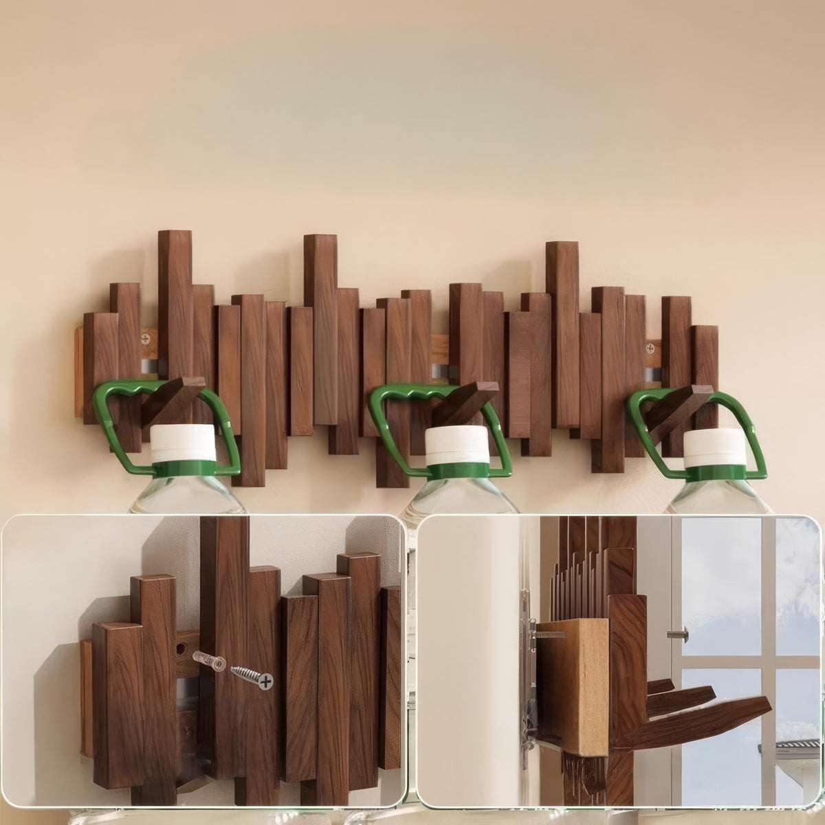 Wall Coat Rack with Magnetic Folding Hooks - Scandinavian Design - 4 to 10 Hooks - Modern Ash Wood or Walnut - Space-Saving Hallway Organizer - Keyhole Mounting | Sansoti