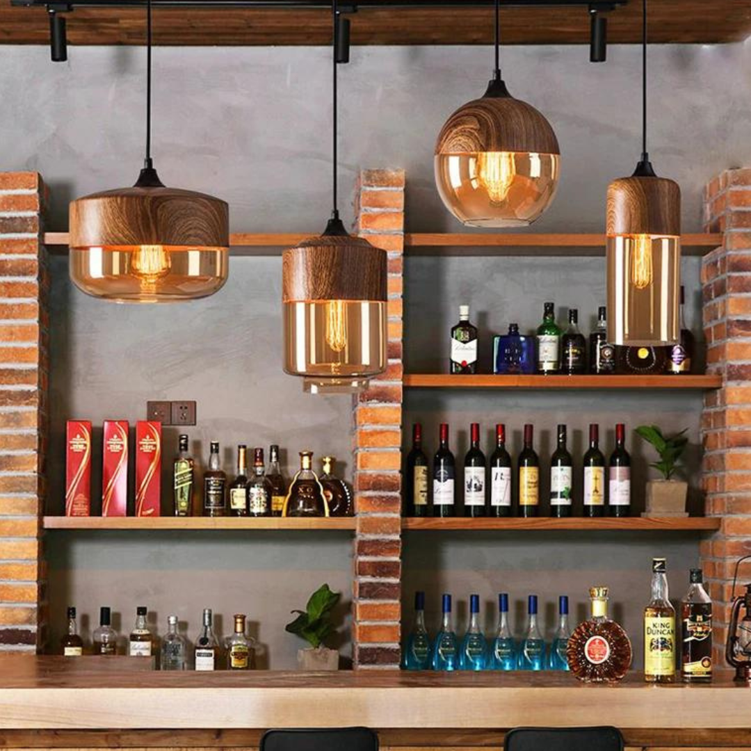 Lámpara colgante escandinava de cristal con aspecto de madera: iluminación cálida de diseño para salón y comedor | Sansoti
