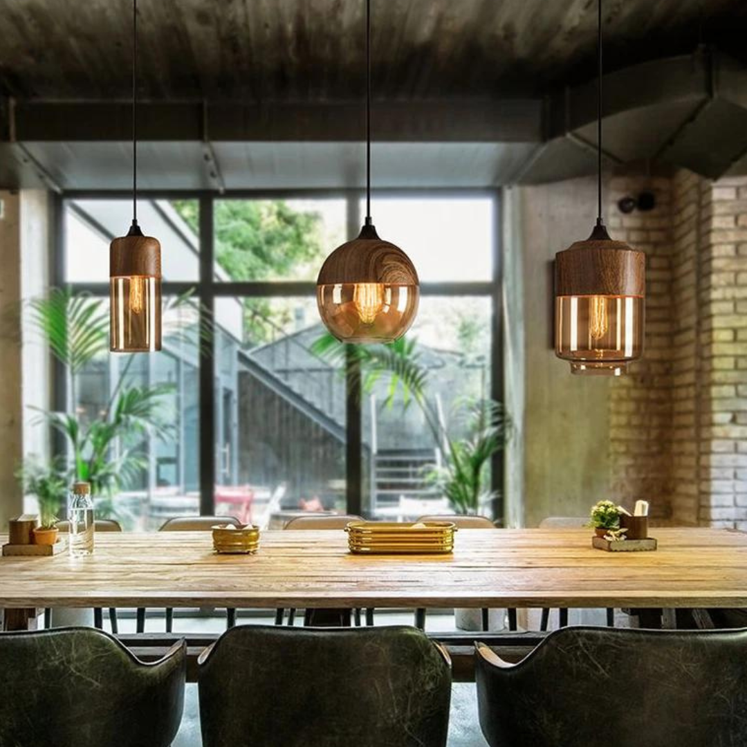 Lámpara colgante escandinava de cristal con aspecto de madera: iluminación cálida de diseño para salón y comedor | Sansoti