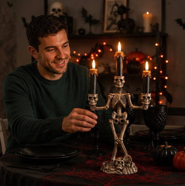 LED Skull Candle Holder with Flameless Candle, Gold-Colored Halloween Decoration, Gothic Interior Mood Lighting | Sansoti