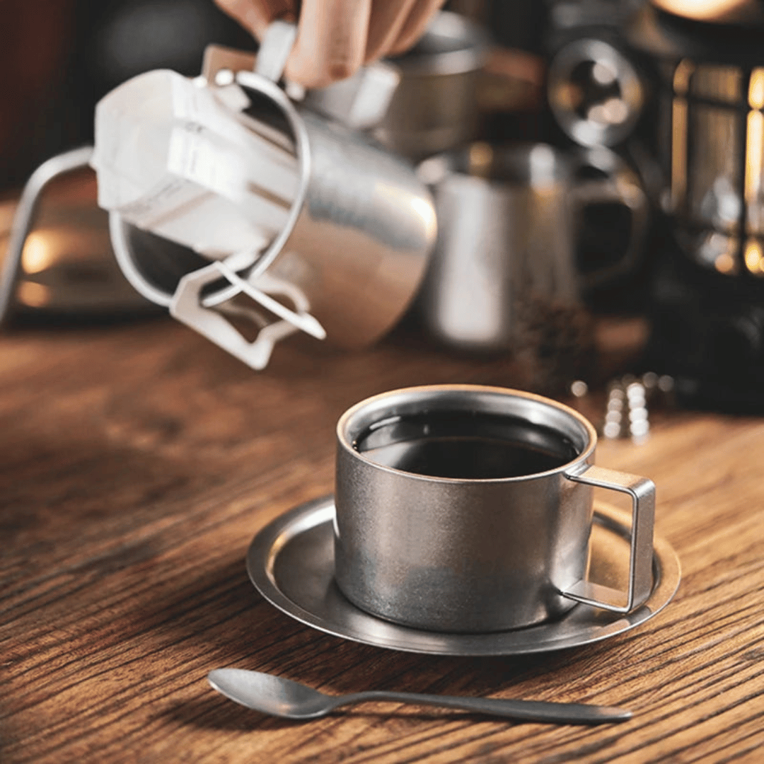 Double-Walled Stainless Steel Coffee Cup with Saucer and Spoon, Vintage-Style Set, 180-280ml Cappuccino Espresso | Sansoti