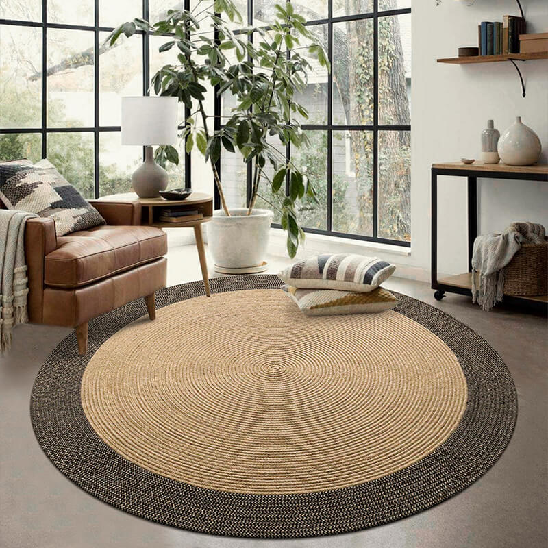 Geflochtener runder Juteteppich aus Naturfaser, wendbar, Beige und Schwarz, 45-120 cm, handgefertigt im Boho-Stil | Sansoti