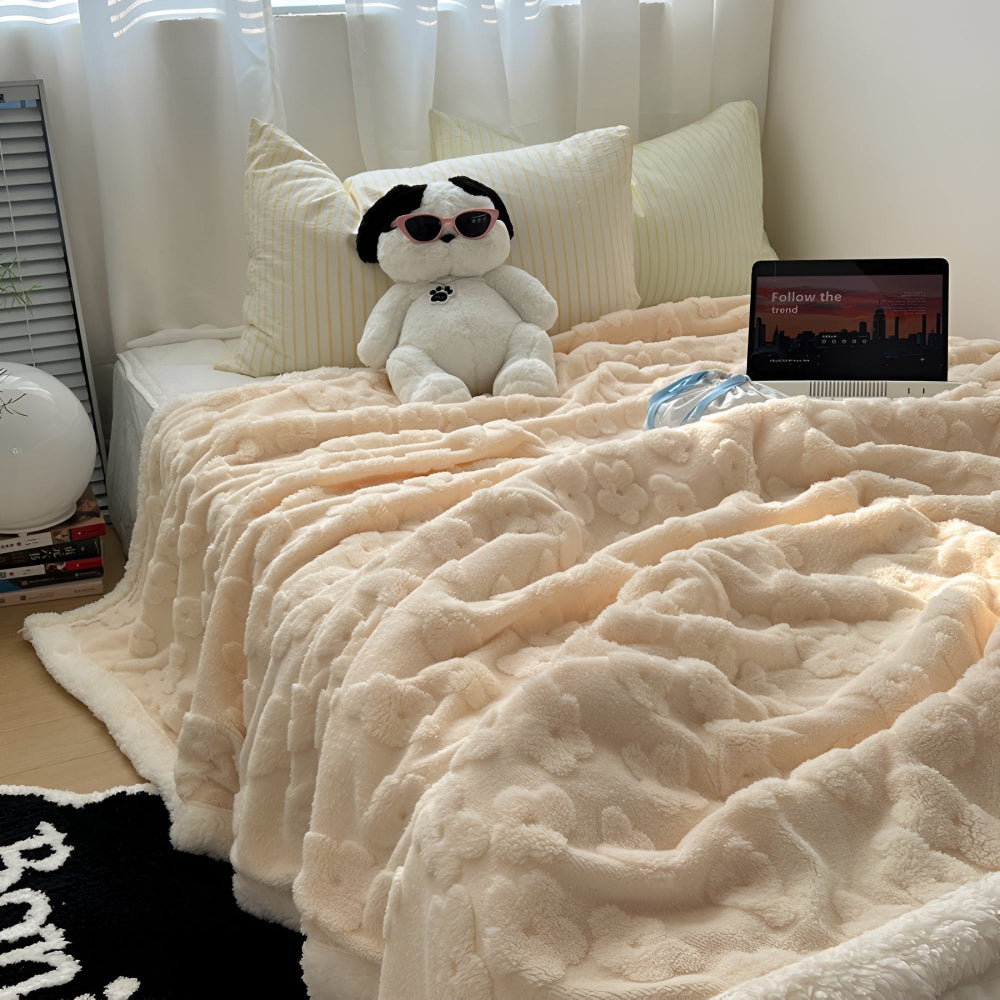 Sherpa Throw with Floral Texture Double-Sided Fleece Winter Blanket for Sofa Bed Warmth Comfort Soft | Sansoti