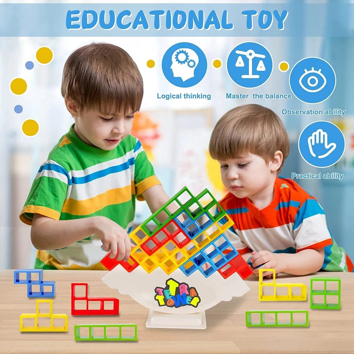 Set de Blocs d'Équilibre en Bois Empilables Tour Tetris Jeu d'Équilibre Jouet Éducatif Motricité Fine Enfants Familles Maison | Sansoti