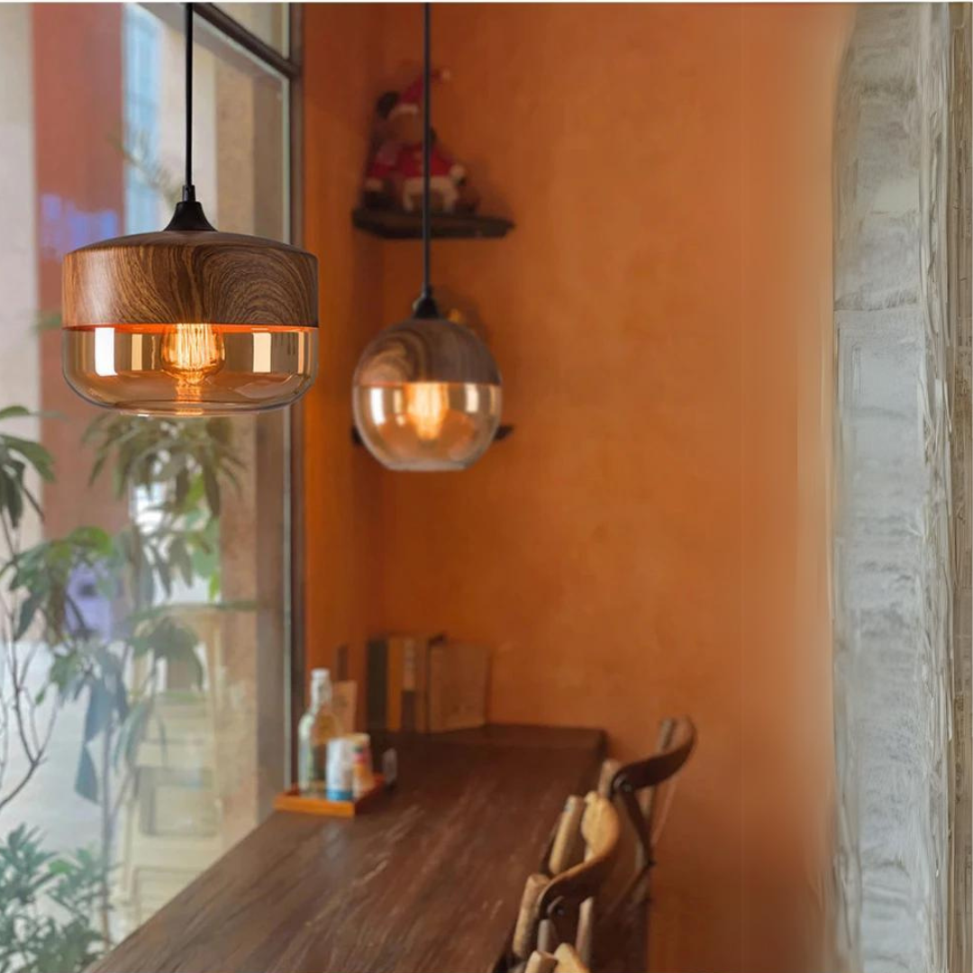 Lámpara colgante escandinava de cristal con aspecto de madera: iluminación cálida de diseño para salón y comedor | Sansoti