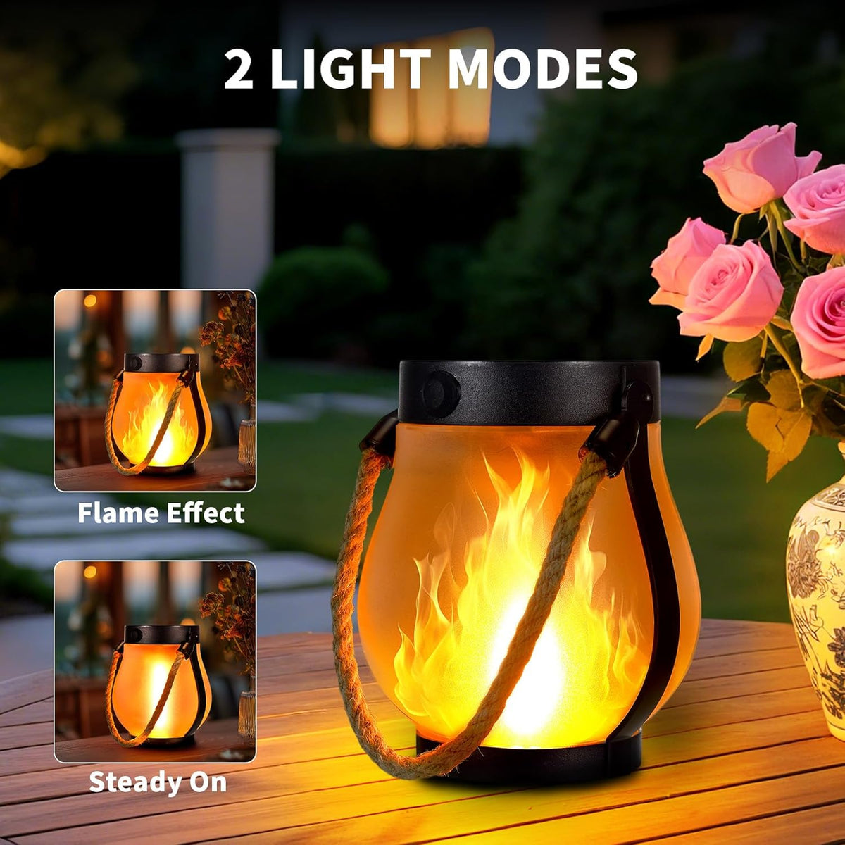 Solar Lantern with Flame Effect LED Lighting Including USB Charging Option Weatherproof Garden Lighting Automatic Dusk Sensor Wireless Outdoor Patio Balcony | Sansoti