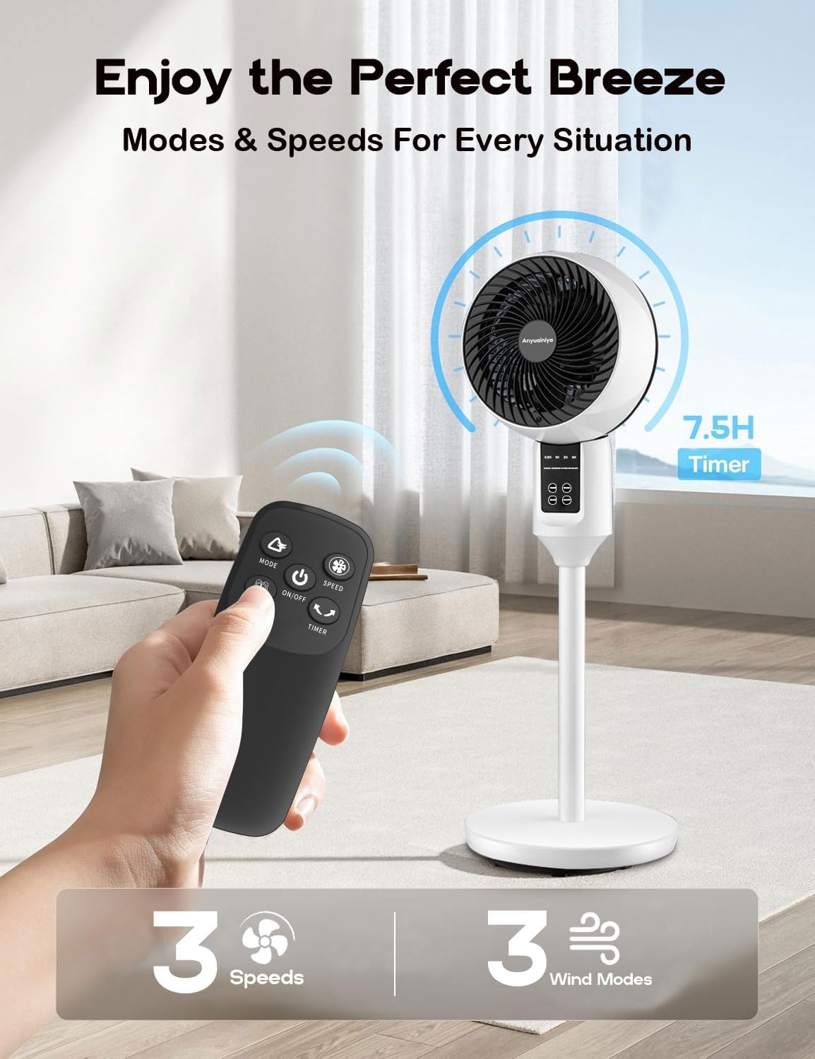 Adjustable Desk Fan 47 to 100 cm 3 Settings 3D Oscillation Quiet DC Motor White | Sansoti