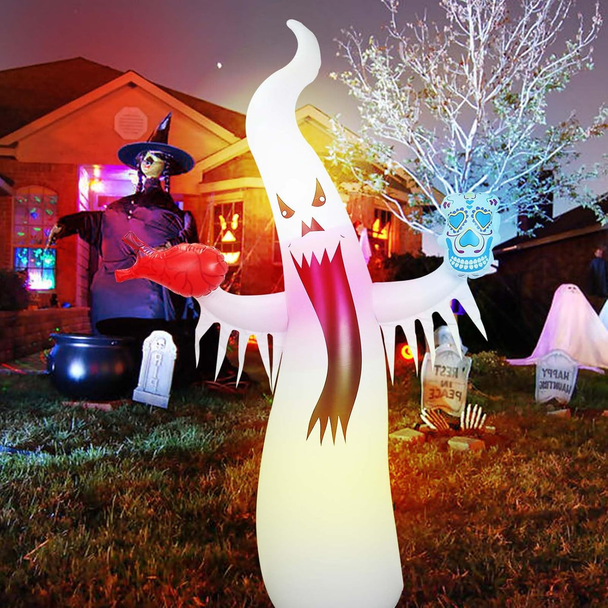 Opblaasbaar Spookfiguur met LED-verlichting voor Halloweenfeesten Tuindecoratie Buitenversiering en Feestdagen | Sansoti