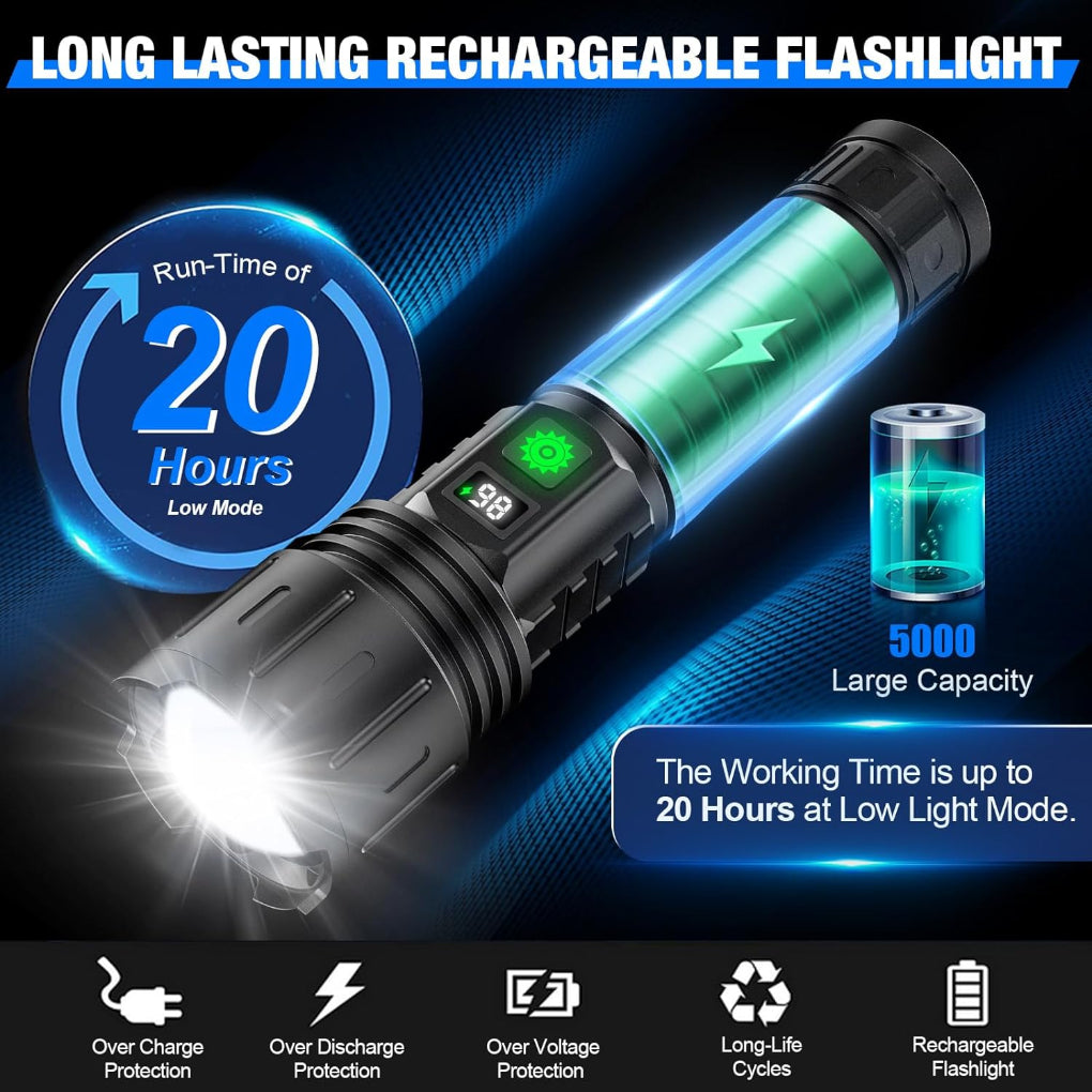 Rechargeable LED Flashlight, 100000 Lumens, Aluminum, IPX6 Waterproof, for Outdoor Camping, Hiking, and Emergencies | Sansoti