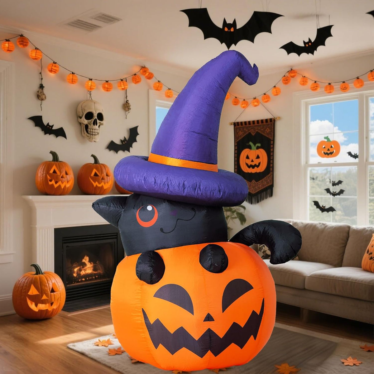Inflatable Halloween Decoration Witch with Pumpkin XXL Garden Figure LED Lighting for Garden Party and Outdoors | Sansoti