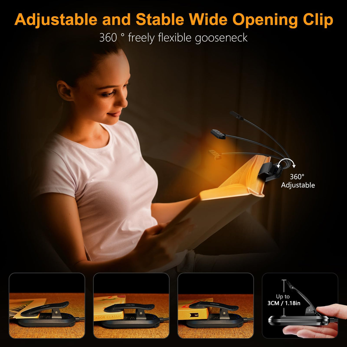 Oplaadbare Leeslamp met 19 LEDs – 3 Kleurtemperaturen & 5 Helderheidsniveaus – Flexibele Nek Verstelbaar – Klemontwerp voor Boek & E-reader – USB-C – Ideaal voor Nachtelijk Lezen | Sansoti