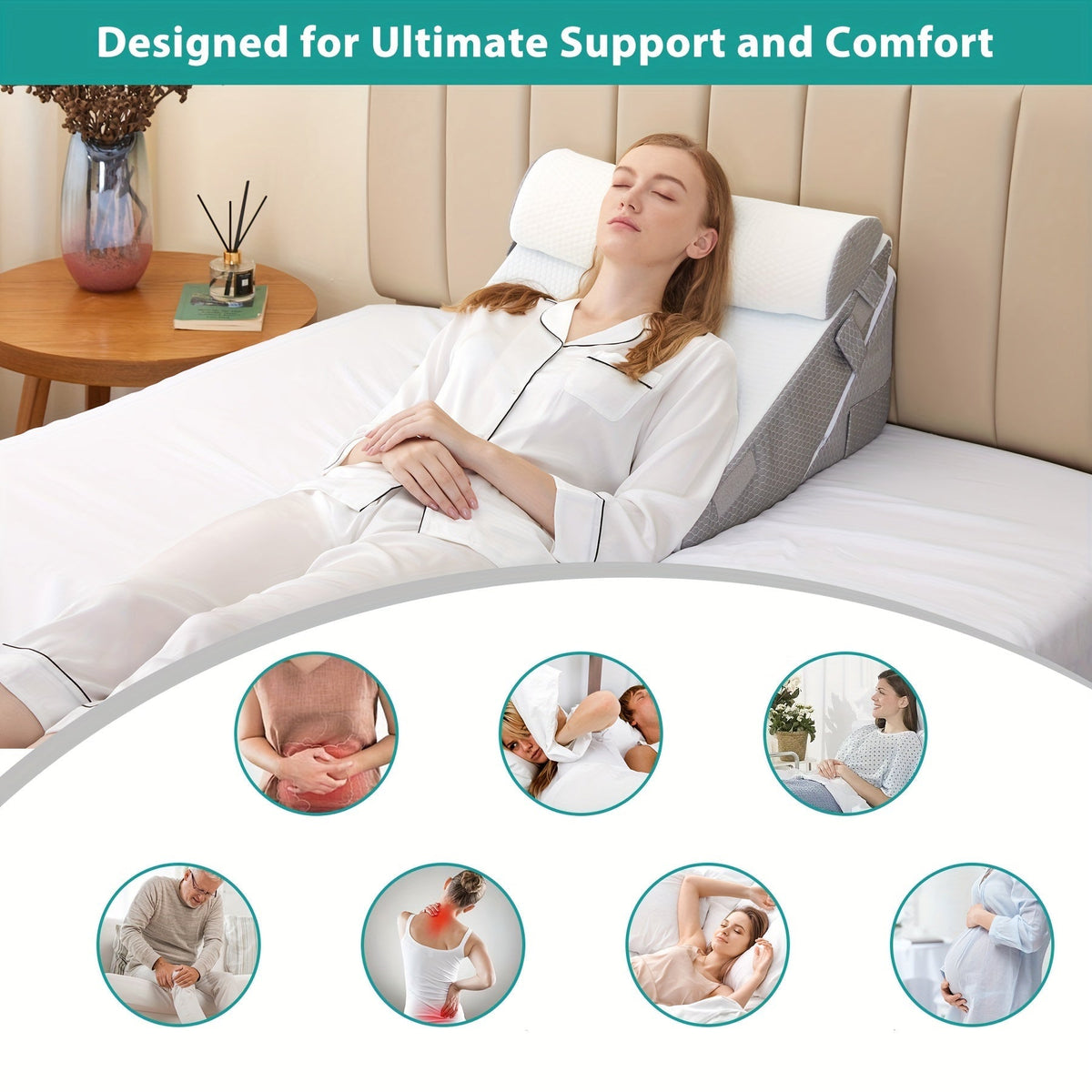 Adjustable Wedge Pillow for Bed – Premium Memory Foam Support Back Legs Knees Recovery | Sansoti
