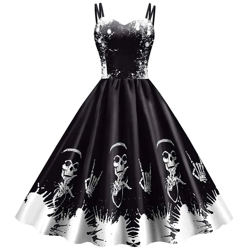 Gotisches Partykleid für Damen mit Skeletten und Rosenprint in Schwarz und Rot für Karneval, Halloween und Kostümpartys | Sansoti