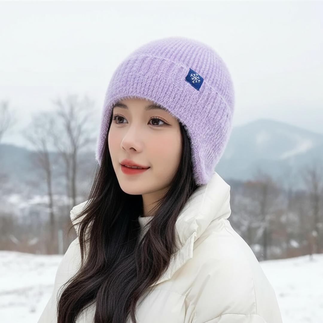 Gestrickte Damen-Wintermütze mit Ohrwärmern Polyester Einfarbig Schleife Kopfbedeckung Outdoor Winter Wärme Komfort | Sansoti