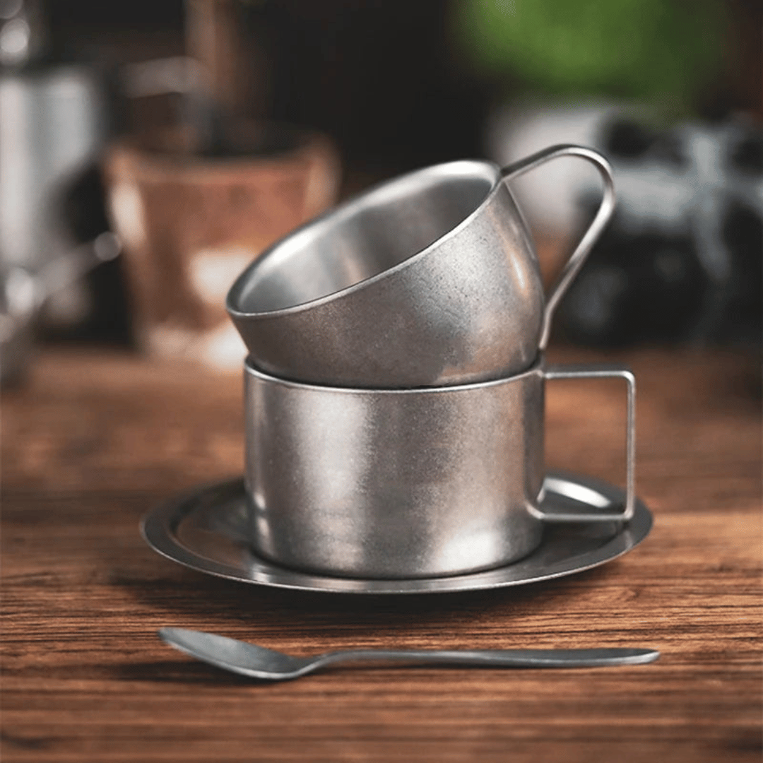Double-Walled Stainless Steel Coffee Cup with Saucer and Spoon, Vintage-Style Set, 180-280ml Cappuccino Espresso | Sansoti