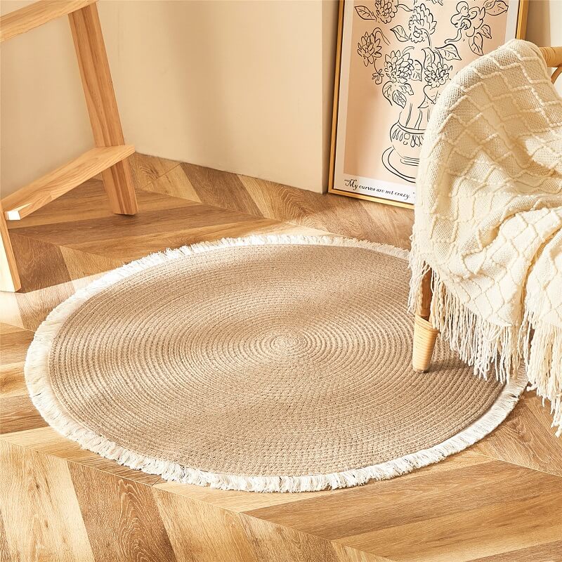 Geflochtener runder Juteteppich aus Naturfaser, wendbar, Beige und Schwarz, 45-120 cm, handgefertigt im Boho-Stil | Sansoti