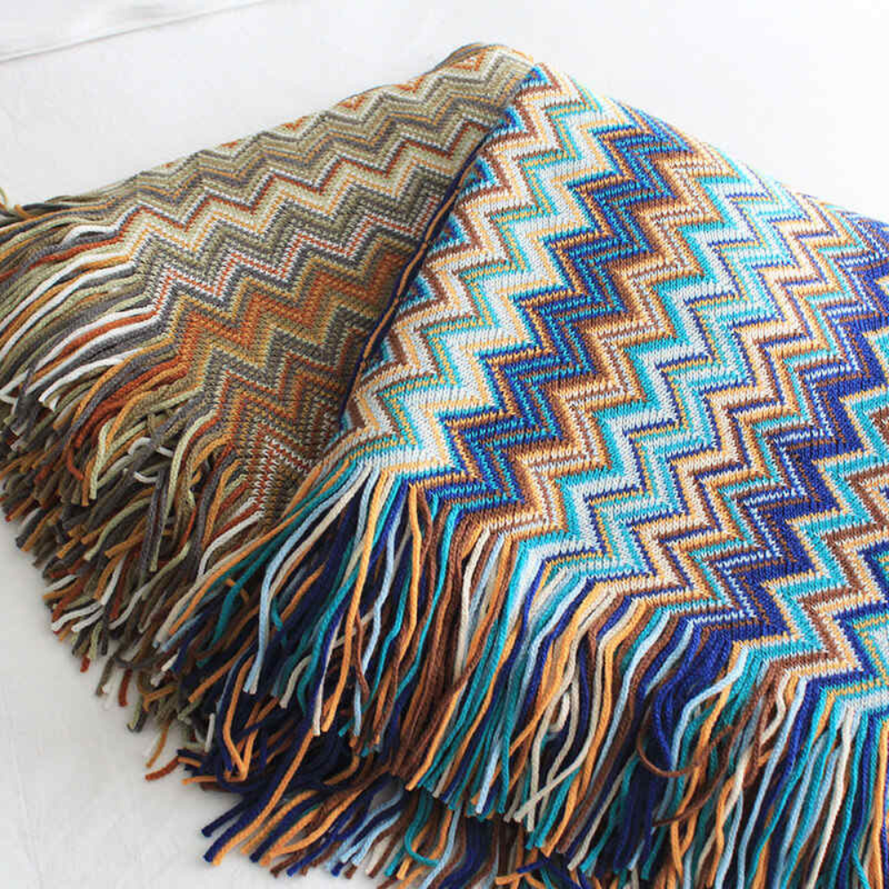 Gebreide Plaid met Zigzag Franjes – Zachte Gehaakte Deken voor Bank en Bed Alle Seizoenen Bohemian Stijl | Sansoti