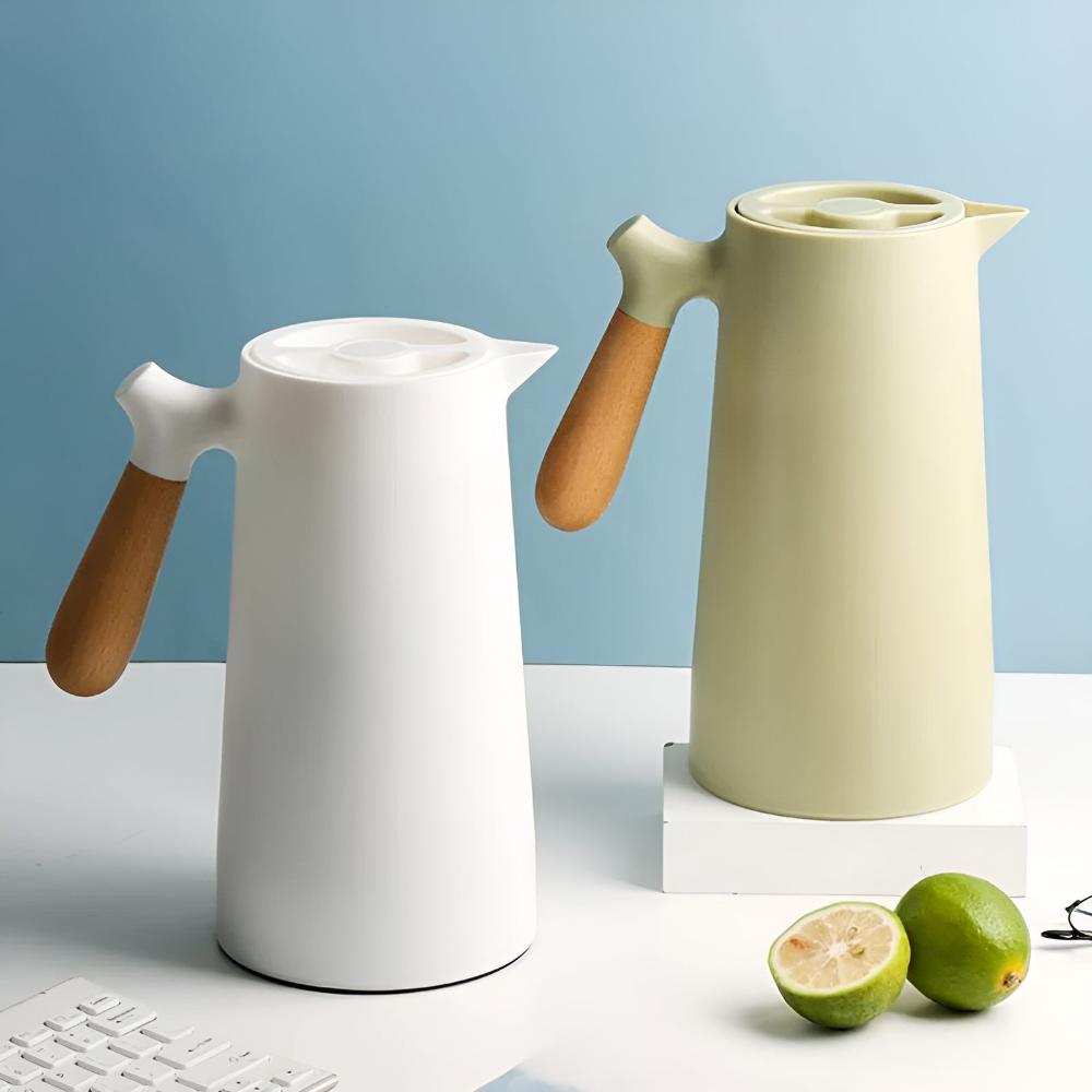 Isolierte Karaffe 1 Liter Holzgriff Doppelwandig Kaffeekaraffe Thermos Skandinavisches Design Grün Weiß Schwarz Rot Braun | Sansoti