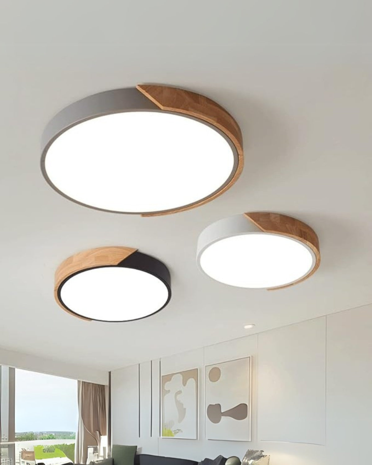 Moderne runde Deckenleuchte mit Holzakzent und LED-Beleuchtung – minimalistische Designlampe in 23, 30, 40, 50 und 60 cm | Sansoti