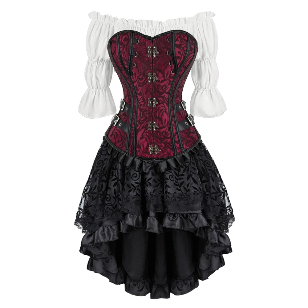 Piraten Korset Kostuum Set Kunstleer Off-Shoulder Blouse Gelaagde Rok Steampunk Gothic Halloween Verkleedkleding | Sansoti