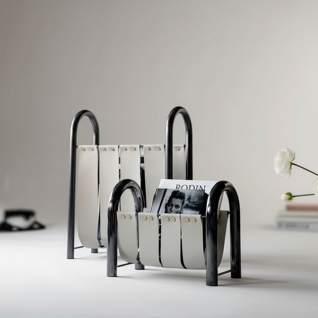 Porte-revues en cuir et métal, panier de rangement design pour décoration intérieure, salon, support à magazines | Sansoti