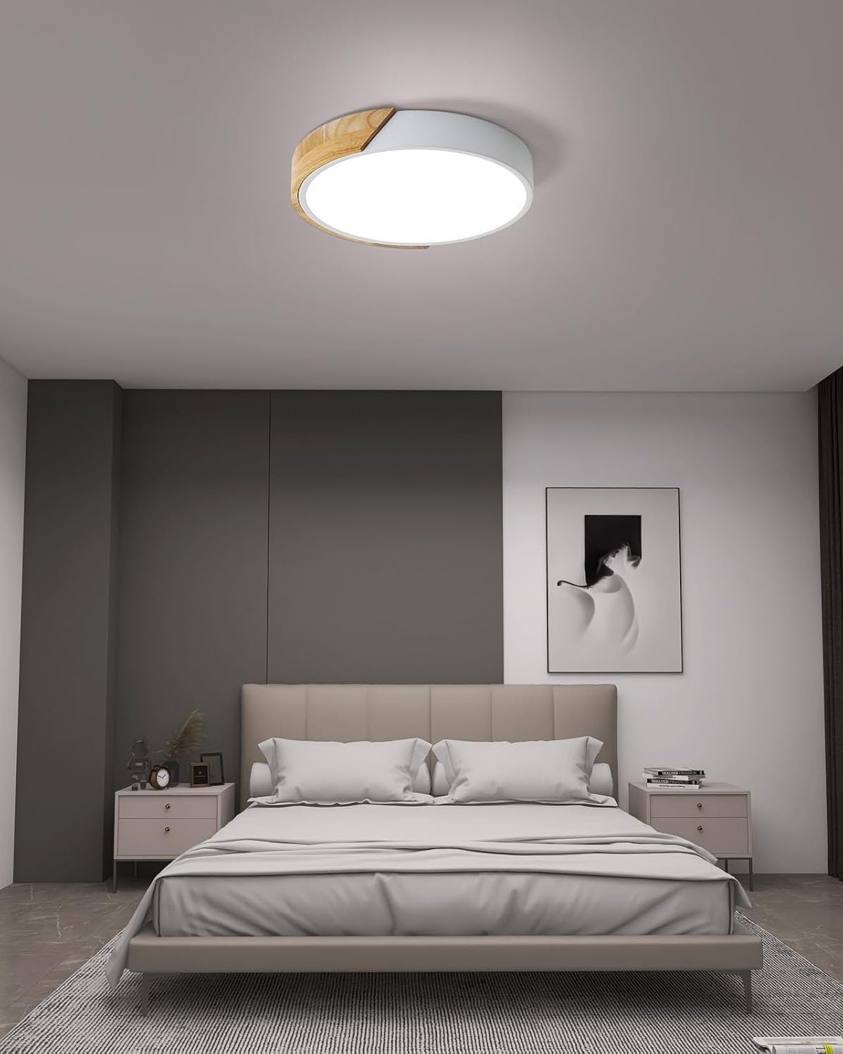 Moderne runde Deckenleuchte mit Holzakzent und LED-Beleuchtung – minimalistische Designlampe in 23, 30, 40, 50 und 60 cm | Sansoti