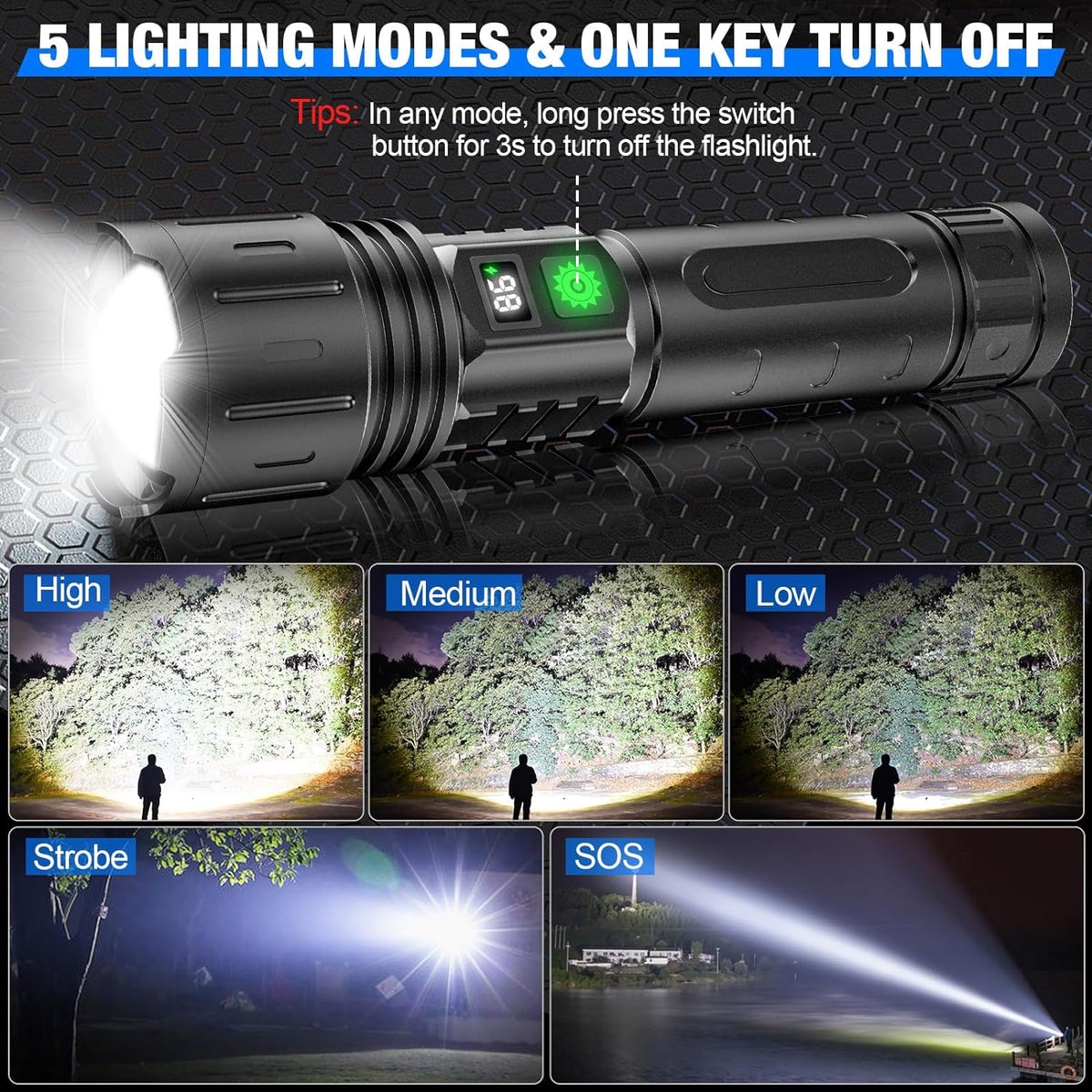 Linterna táctica LED recargable de 100000 lúmenes, impermeable IP65, con batería externa, zoom, SOS y alcance de 1000 m para exteriores | Sansoti