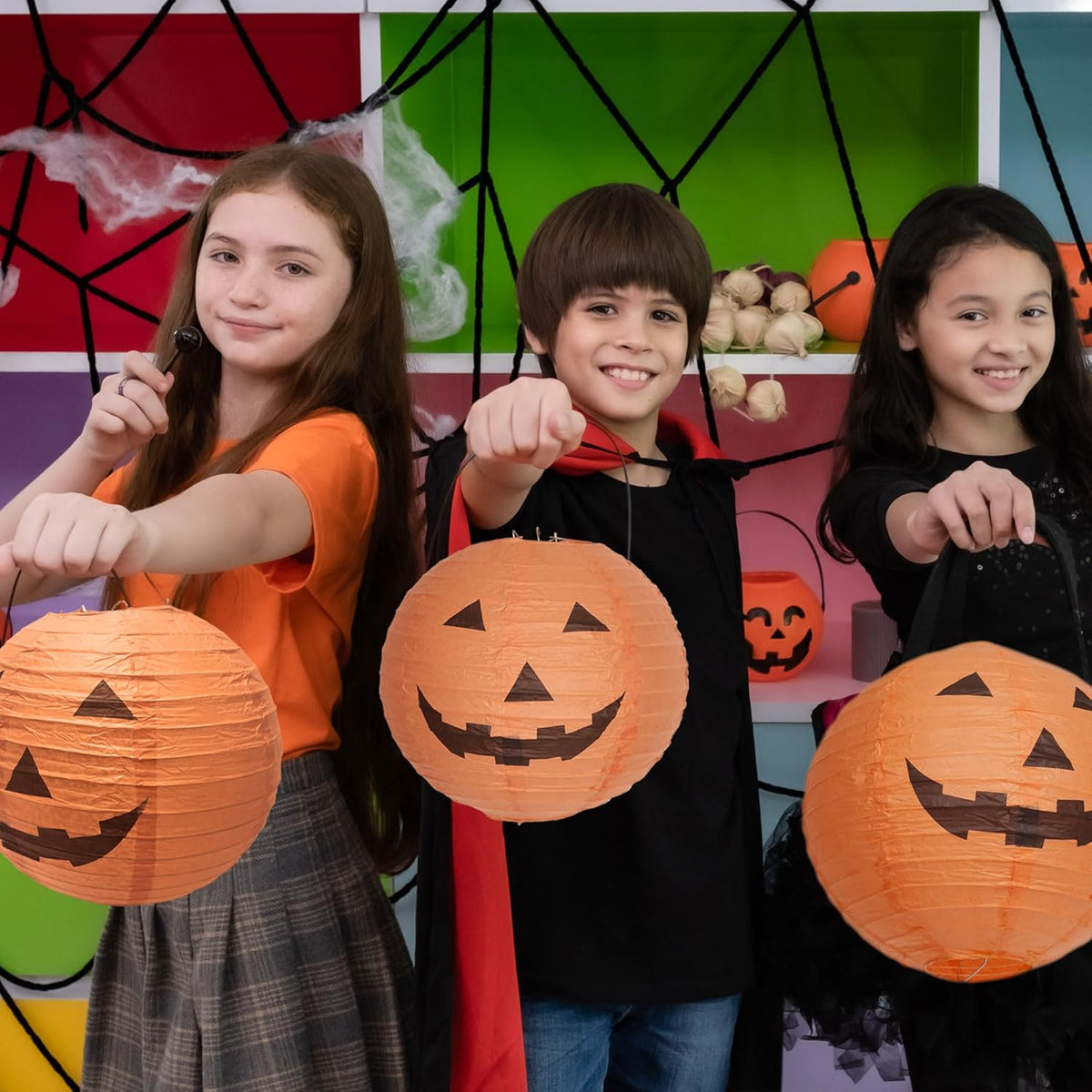 Orange Pumpkin Paper Lantern Set of 12 Halloween Party Decorations Hanging Decoration 20cm Diameter | Sansoti